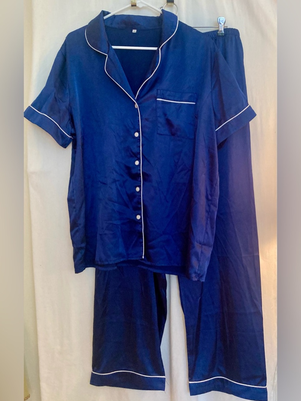 Classic Silky Navy Short-Sleeve Pajama Set with Contrast Piping